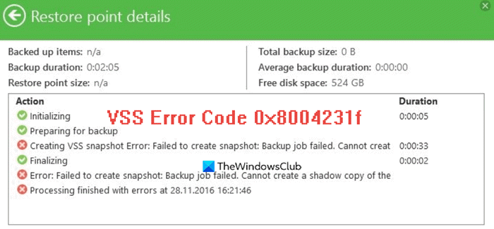 Código de error VSS 0x8004231f
